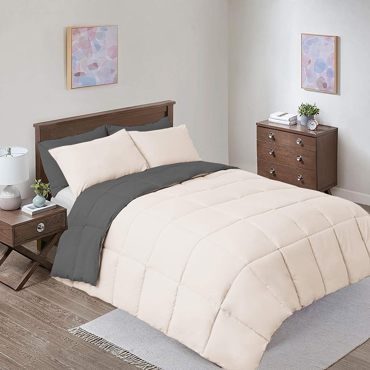 Reversible Down Alternative Comforter, Medium Warmth (44-Ounces of Fill) King-California King Size Blanket, Charcoal-Cream