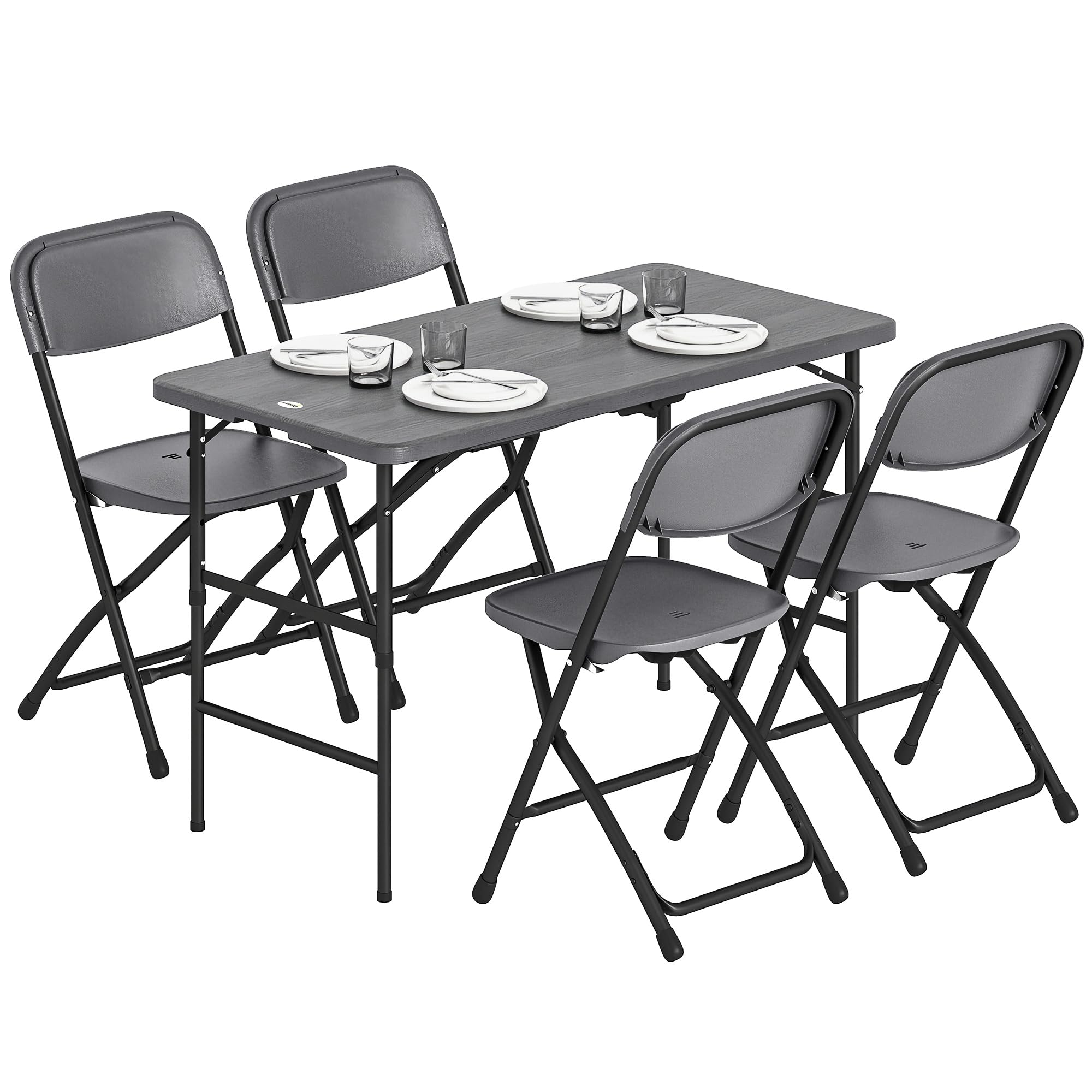 Outsunny Conjunto de Mesa y Sillas Jardín de 5 Piezas, Muebles de Jardín Exterior con Mesa Plegable Ajustable de 55 a 74 cm, 4 Sillas Plegables y Encimera de HDPE, para Terraza Patio, Gris Oscuro