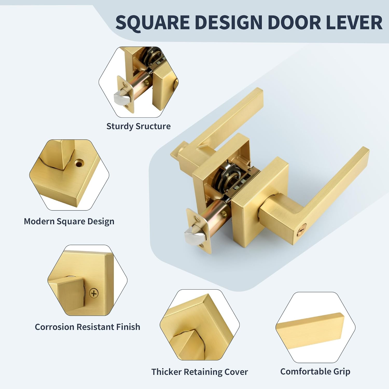 Square Gold Door Handles with Lock and Key (Keyed Differently), Brushed Gold Reversible Door Lever, Heavy-Duty Interior/Exterior Gold Door Handle for Bedroom and Bathroom, Satin Brass, 10 Pack
