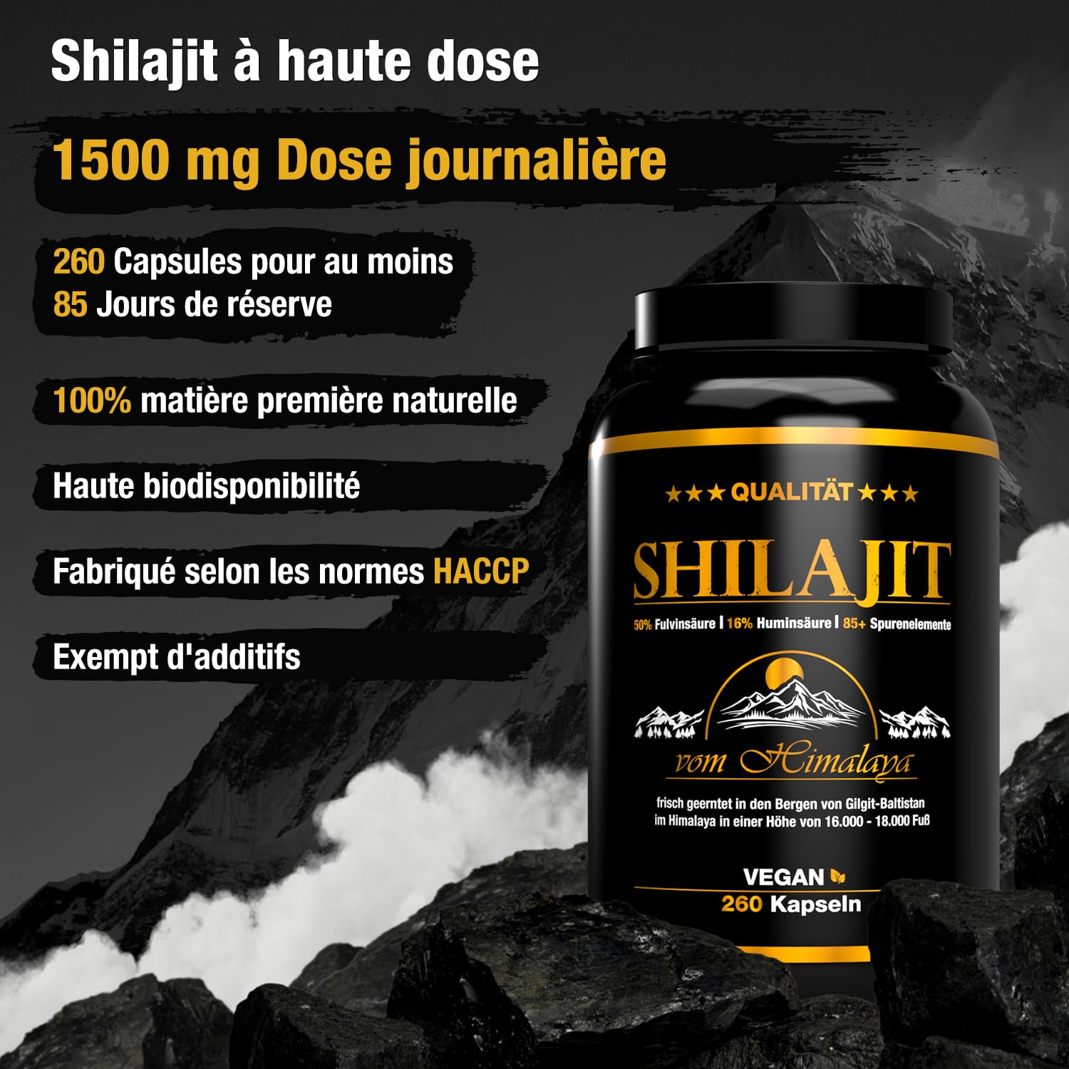 Complément Alimentaire Pure Shilajit 10000 Mg - 60 Gélules, Acide Fulvique Naturel - Expiration Décembre 2027