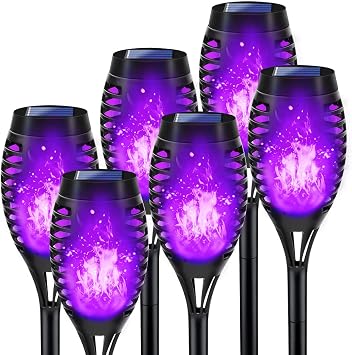 Purple Solar Halloween Lights for Halloween Decorations Outdoor, Solar Torch Lights Flickering Flame for Yard Decorations Outdoor, Waterproof LED Torch Light for Garden Pathway Party Outside Decor