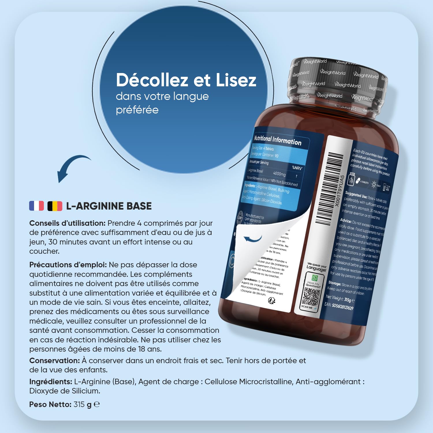 L Arginine Base, sans Sels ni Acides Ajoutés – 360 Comprimés, 3 Comprimés/Jour pour 3 Mois - pas de L Arginine HCL ou de L-Citrulline - Acide Aminé Semi-essentiel, Post Workout et Pre Workout