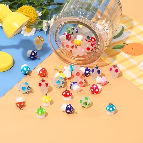 Miniatura 3 de Augshy Dijes de hongos, 64 piezas de cuentas de resina de hongo, adorno que brilla en la oscuridad, colgante para hacer pulseras, collares, joyas