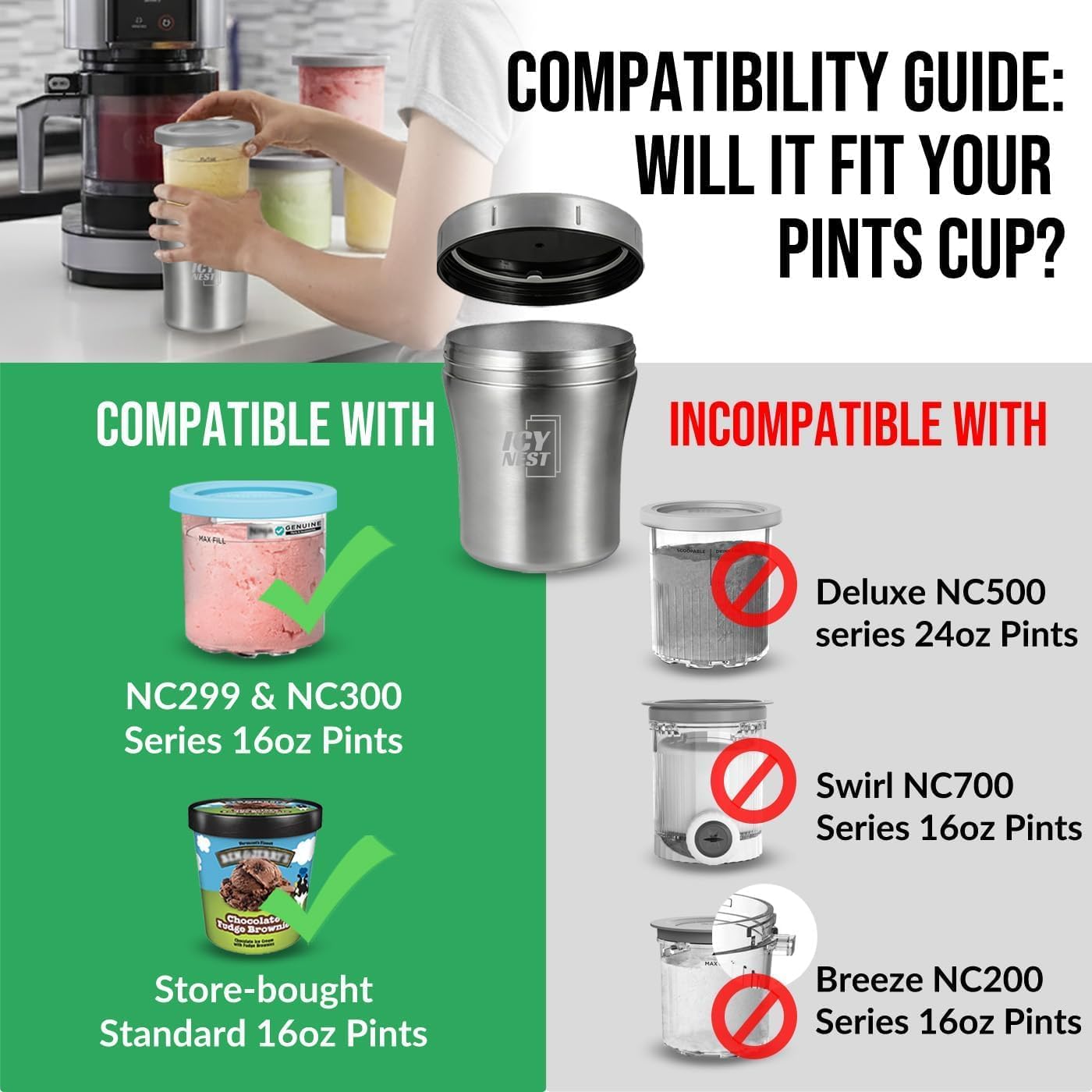 Ice Cream Cooler for Ninja Creami Pint Containers, Vacuum Insulated Double Wall Stainless Steel Ninja Creamy Pint Holder, Fits NC299AMZ NC300 NC301 Series, Keeps Ice Cream Frozen Longer & Outdoor