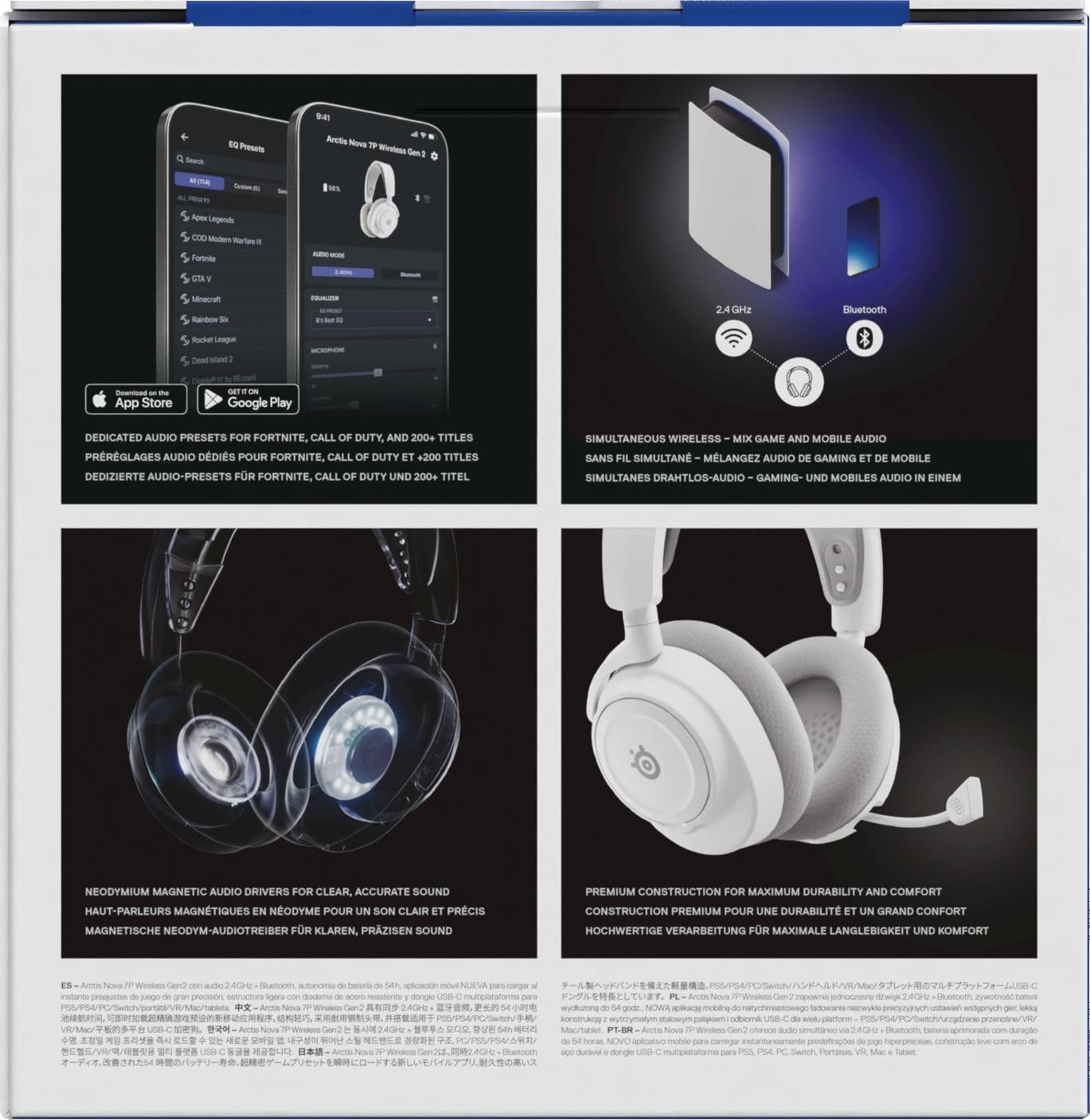 SteelSeries Arctis Nova 7P Wireless Gen 2 do gier -sterowanie aplikacją w czasie rzeczywistym - 50H + -przetworniki magnetyczne z magnesem neodymowym -miks 2,4 GHz/Bluetooth -PS5,PC, Switch 1/2,mobile