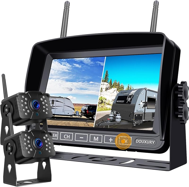 FHD 1080P 2 Sistema de cámara de respaldo inalámbrico digital RV para RV Remolque Camión Autobús Autocaravanas 5ta ruedas Monitor 4CH 7 '' Sistema de monitoreo de carreteras IP69K Impermeable Super visión nocturna Señal fuerte