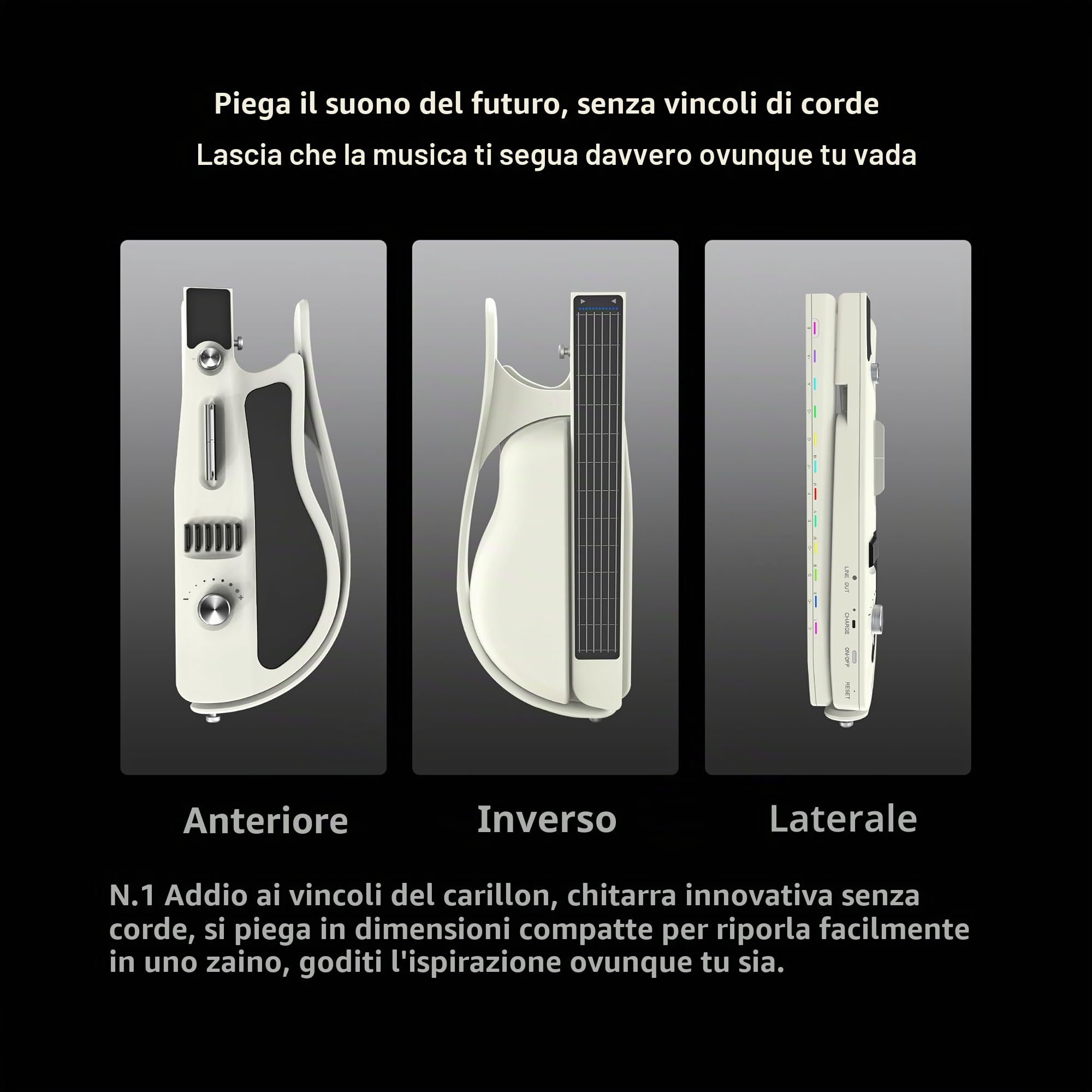 Chitarra intelligente senza corda, portatile e pieghevole con controllo app, generatore di accordi, batteria integrata e altoparlante, 100 toni sonori per principianti e bande,