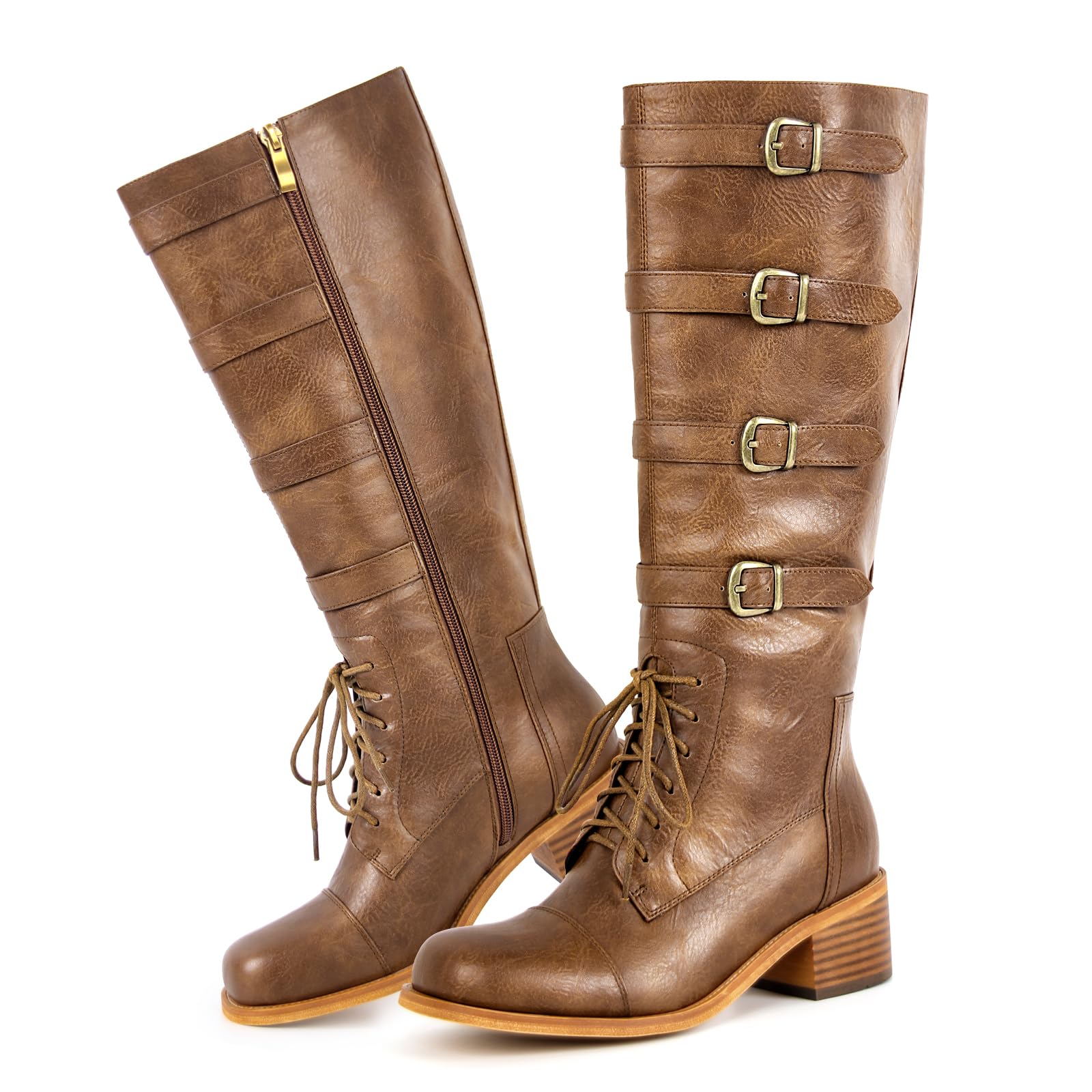Womens Lace Up Strappy Block Heels Square Toe Side Zipper Knee High Boots