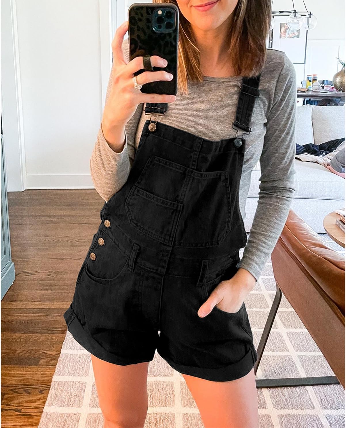 Women's Casual Denim Bib Overall Shorts Adjustable Straps Cuffed Hem Shortall Rompers - Image 2