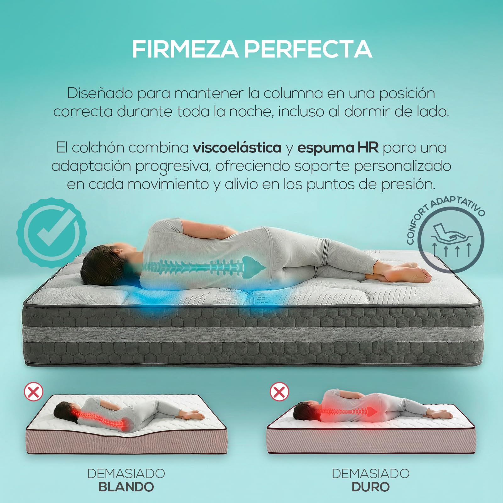 Duérmete Online - Colchón Viscoelástico Selene, Confort Óptimo, Soporte Ergonómico para la Espalda, Altura 30 cm, Alta Firmeza, Antiácaros, Antibacteriano e Hipoalergénico 90 x 200