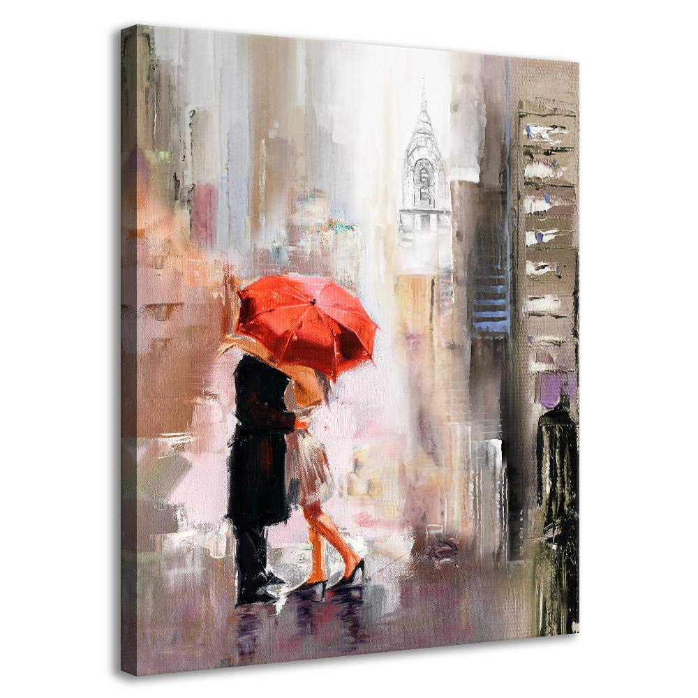 Canvas Wall Art Modern New York Cityscape Large Romantic Canvas Painting Art Wall Decor Lovers Under Red Umbrella Street Scenery Framed Pictures for Living Room Bedroom Home Office Decoration