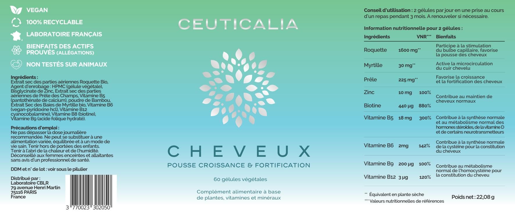 Complément Alimentaire Cheveux - Pousse, Anti Chute, Repousse, Croissance, Brillance, Fortification - Homme, Femme - Biotine, Vitamines, Zinc, Roquette, Myrtille, Prêle - 180 Gélules, 90 Jours