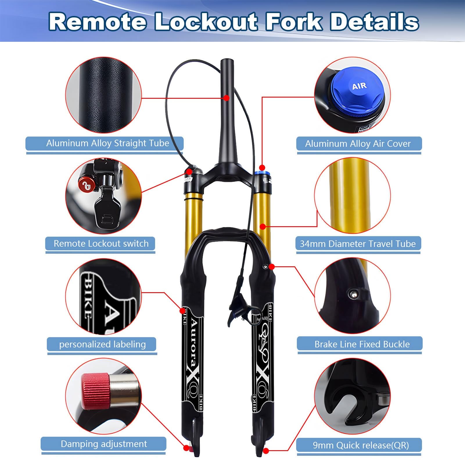 AuroraXQ Fourche Suspension VTT Vélo de Montagne 26/27,5/29 Pouces 160mm Voyage Bicyclette Fourche Avant à Air for Cyclisme de Descente - Noir