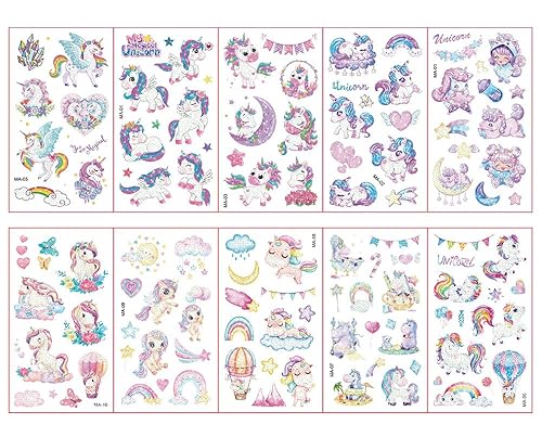 Tatuajes temporales de unicornio brillante para niños, calcomanías de dibujos animados impermeables con nuevo diseño de purpurina arcoíris para