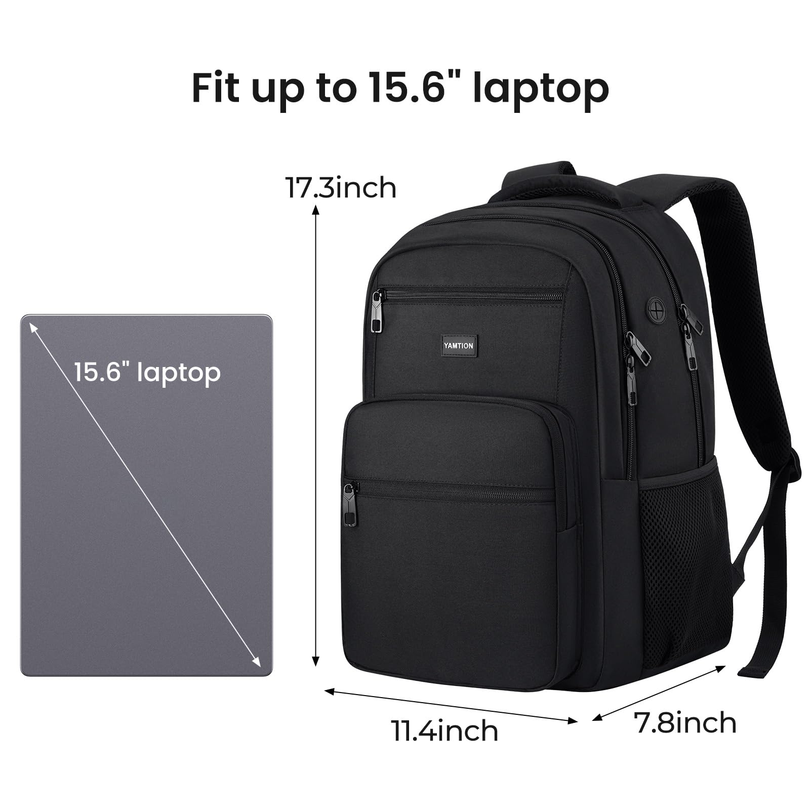 YAMTION Zaino per computer portatile per uomini e donne, nero, zaino per la scuola per ragazzi e ragazze, zaino da lavoro, con porta di ricarica USB, adatto per laptop e notebook da 15,6 pollici