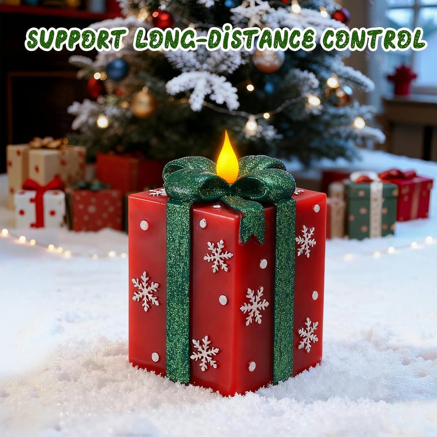Christmas Flameless Gift Box Candle Hand-Painted Real Wax LED Candle with Remote Timer Battery Operated Red Green Decor for Xmas Tree Skirt Ornament Table Outdoor Indoor Holiday - Image 4