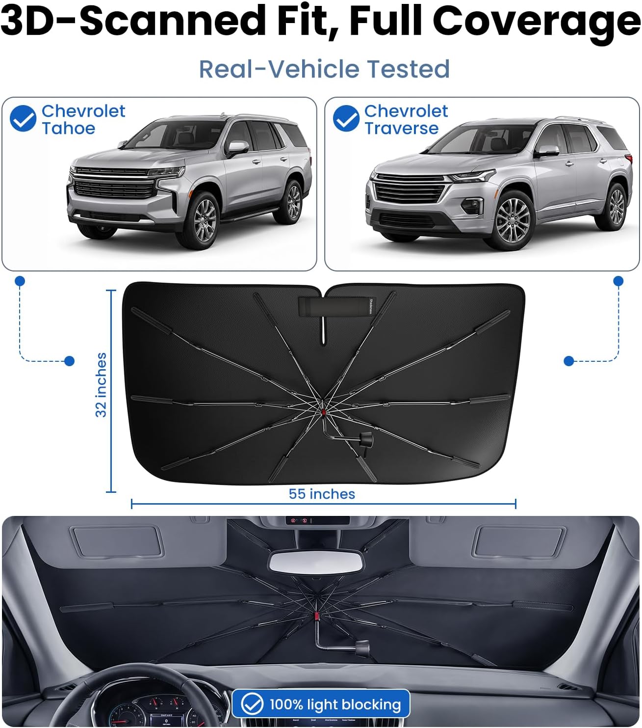 for Chevrolet Tahoe & Traverse 2010-2026 | Zanch Windshield Sun Shade Umbrella [99% UV Protection, Up to 75℉ Cooler] Snug Fit, Scratch-Free, Built to Last, Foldable Front Sunshade Umbrella
