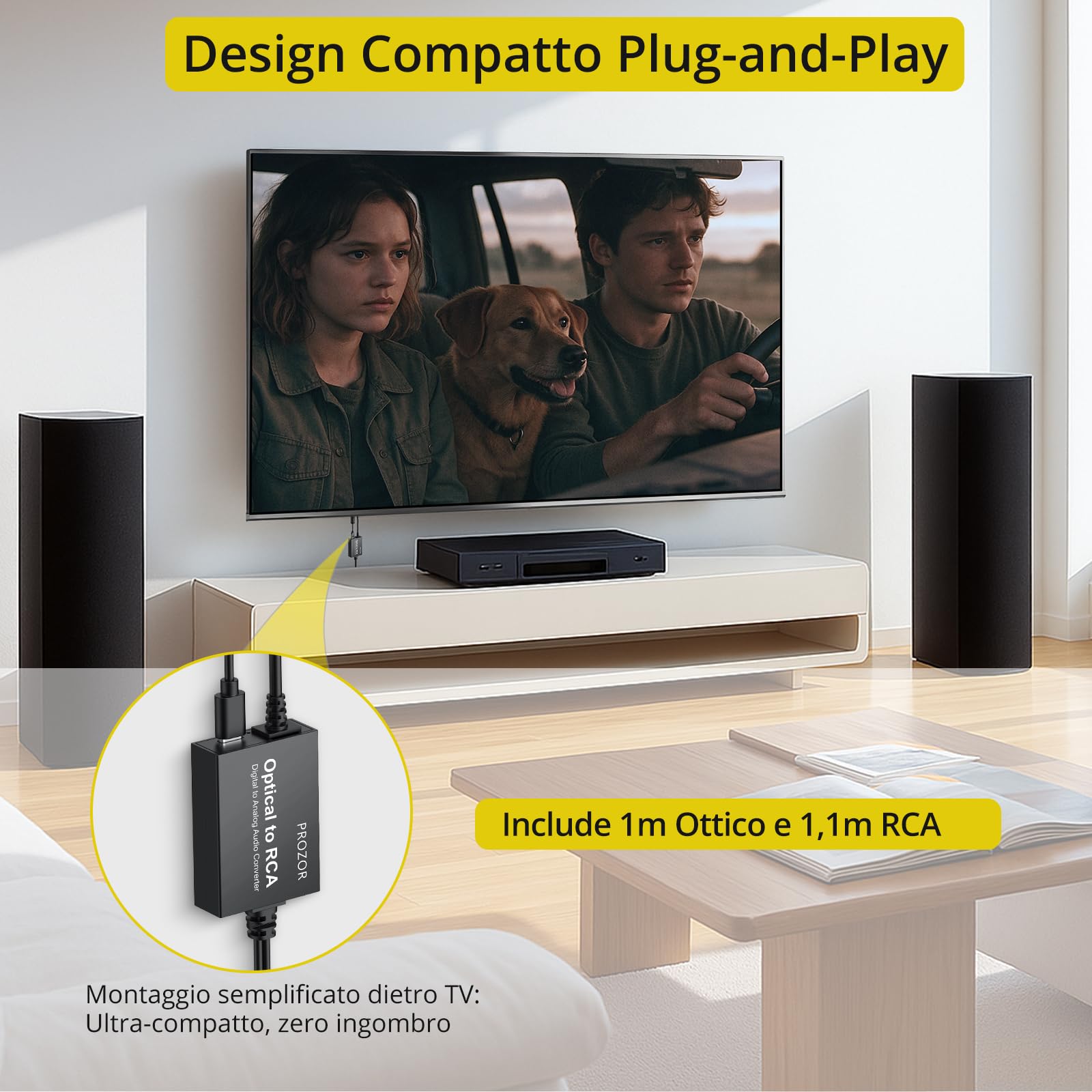 PROZOR DAC 2.1m SPDIF a RCA 192KHz/24bit Adattatore Ottico Toslink a AV Convertitore Audio Digitale a Analogico