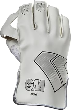 Gunn & Moore GM | Cricket Wicket Keeper Keeping Gloves | 606 | PU Lining & Pimple Rubber Palm | PU Faux Leather Back of Hand | 1 Pair | White & Black with GM | Logo