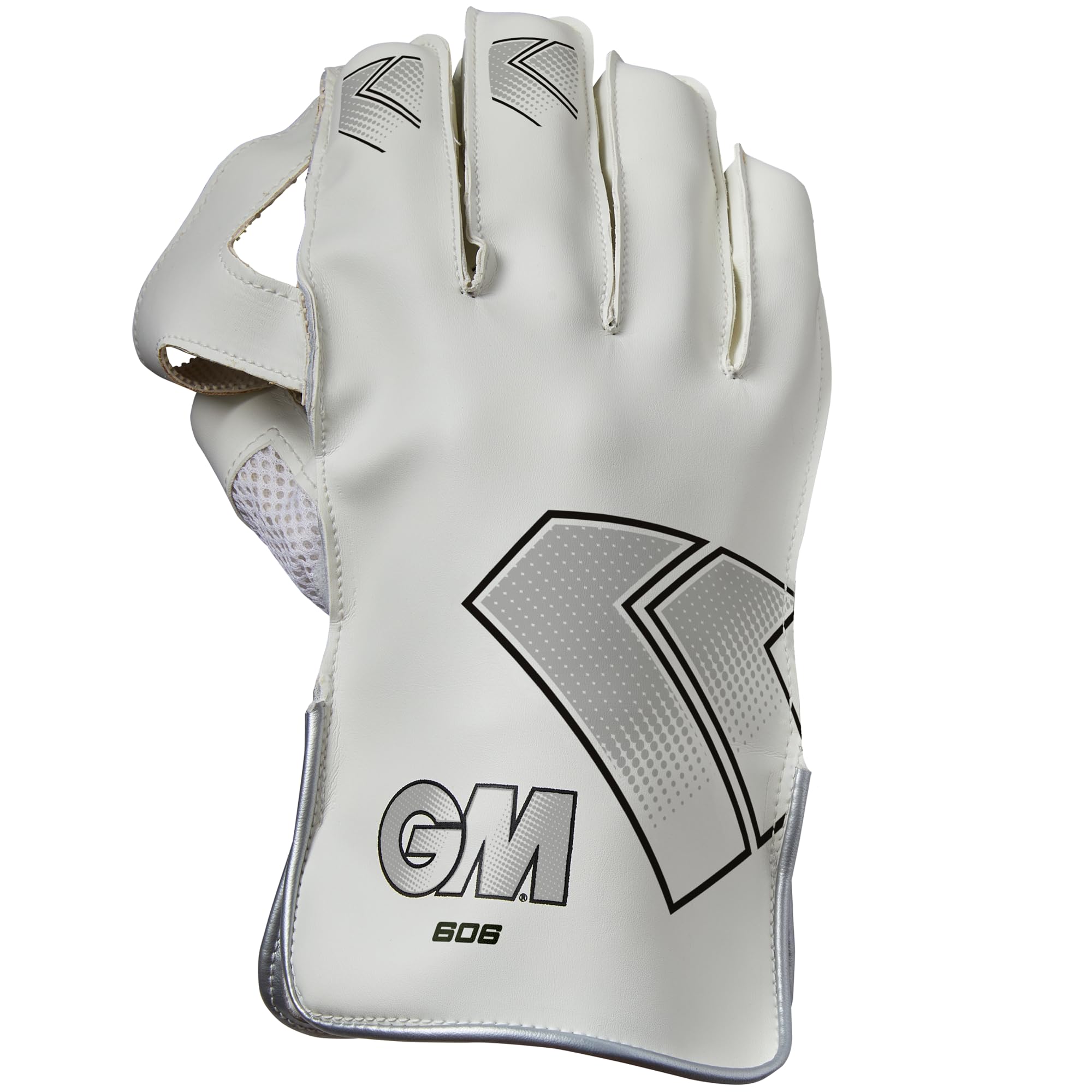 Gunn & Moore GM Cricket Wicket Keeper Keeping Gloves | 606 | PU Lining & Pimple Rubber Palm | PU Faux Leather Back of Hand | 1 Pair | White & Black with GM Logo