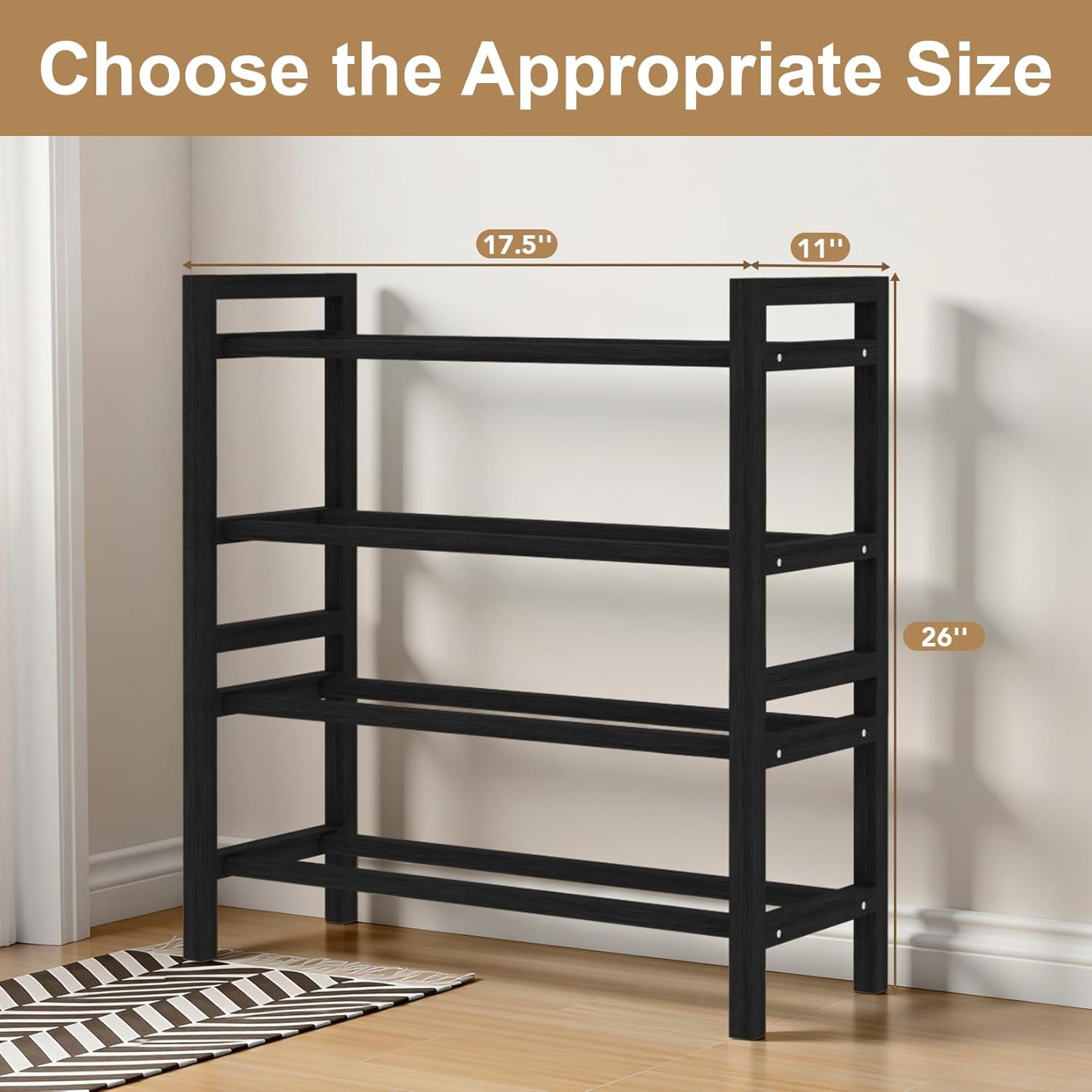 Haddockway Bamboo Shoe Rack for Closet, Free Standing Shoe Organizer with Smooth Round Rods & Convenient Handles, Stackable Shoe Storage Shelf for Entryway, Hallway(Black, 4-Tier(Small))