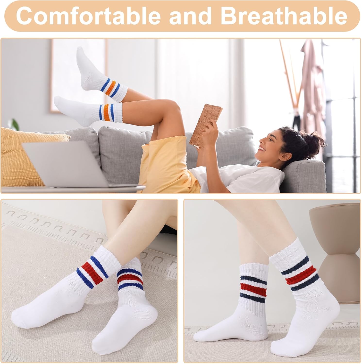 6 Pairs Crew Sport Socks Women Striped Crew Socks Retro Athletic Socks Casual Cotton Stretchy Socks Unisex MultiColor, Large-X-Large - Image 5