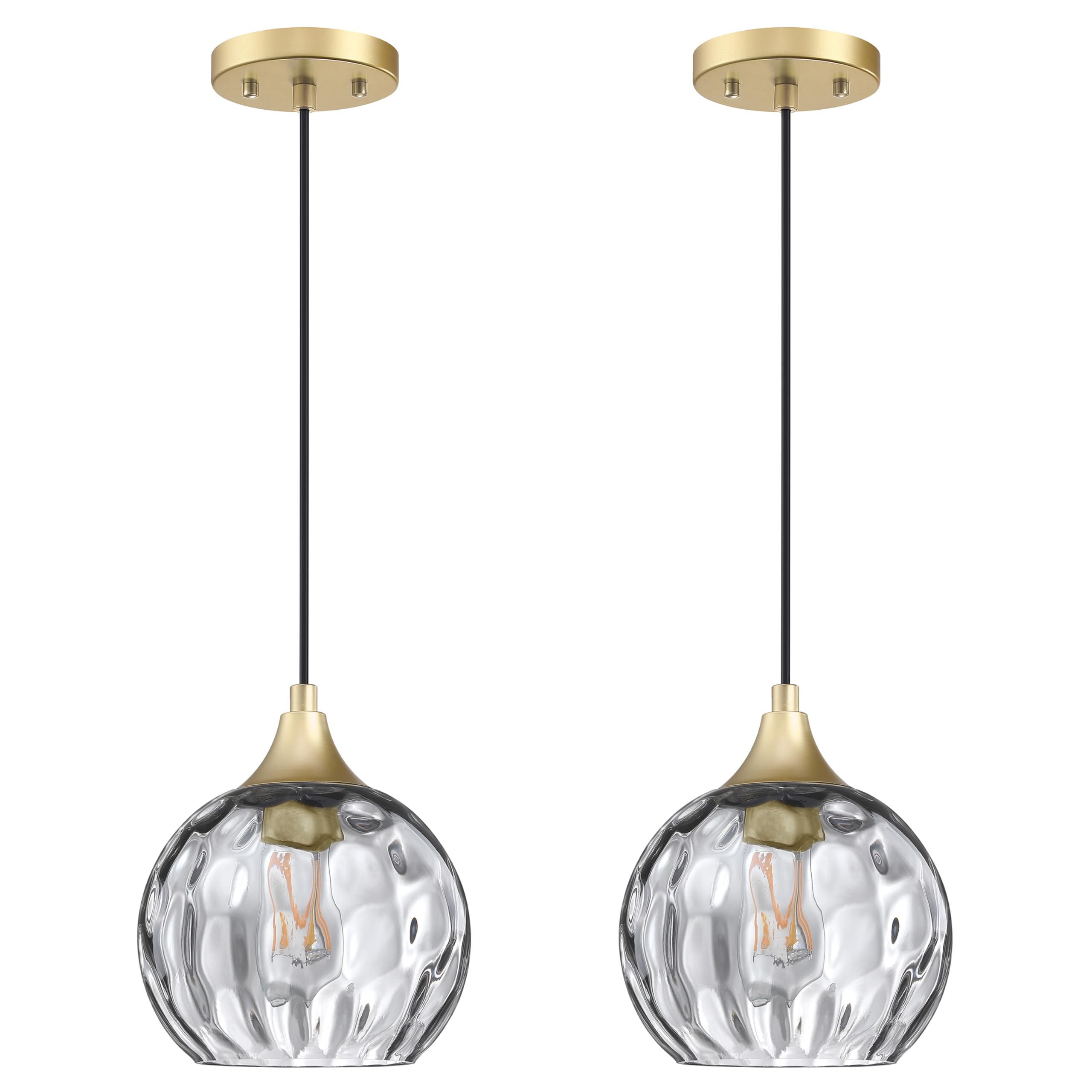 1 Light Hanging Indoor Kitchen Island Pendant Light 6.3" Hammer Glass Pendant Ceiling Light Fixtures Gold Finish Modern Farmhouse Dinning Over Sink (Ancient Grey Glass, 2 Pack)