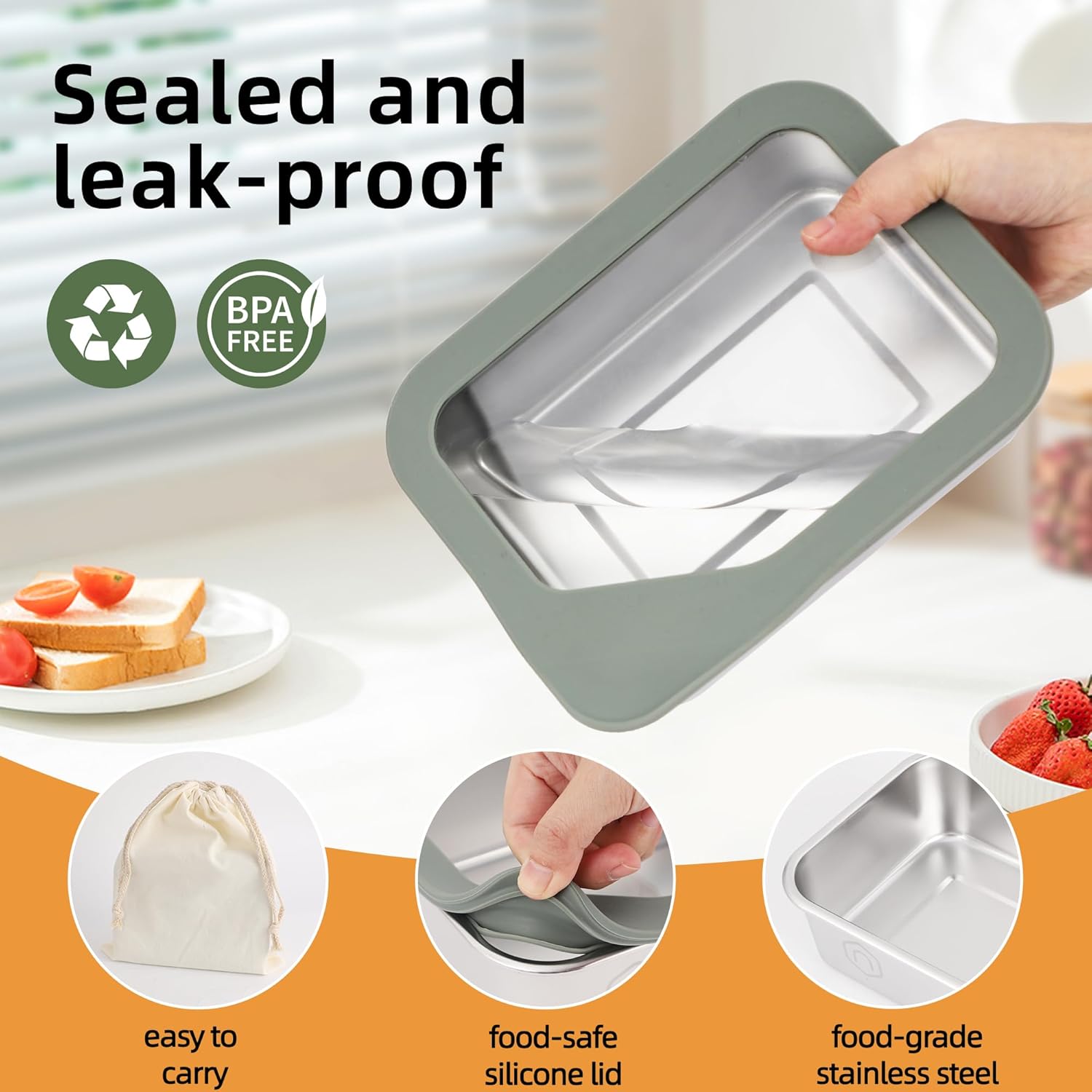 Stainless Steel Bento Box for Kids Adults, 1200ml/40oz with Removable Divider, Airtight Leak Proof Glass Lid, Freezer & Dishwasher Safe Lunch Box (40.58oz)