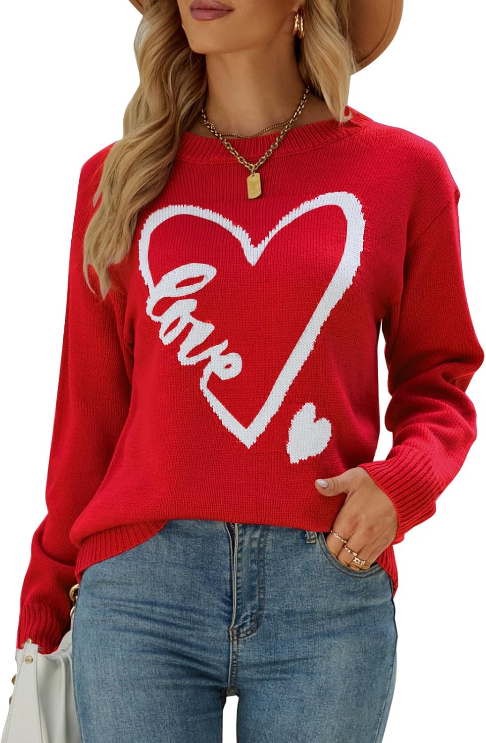 Alsol Lamesa Women's Cute Heart Sweater Long Sleeve Crewneck Pullover Ribbed Knit Casual Sweaters