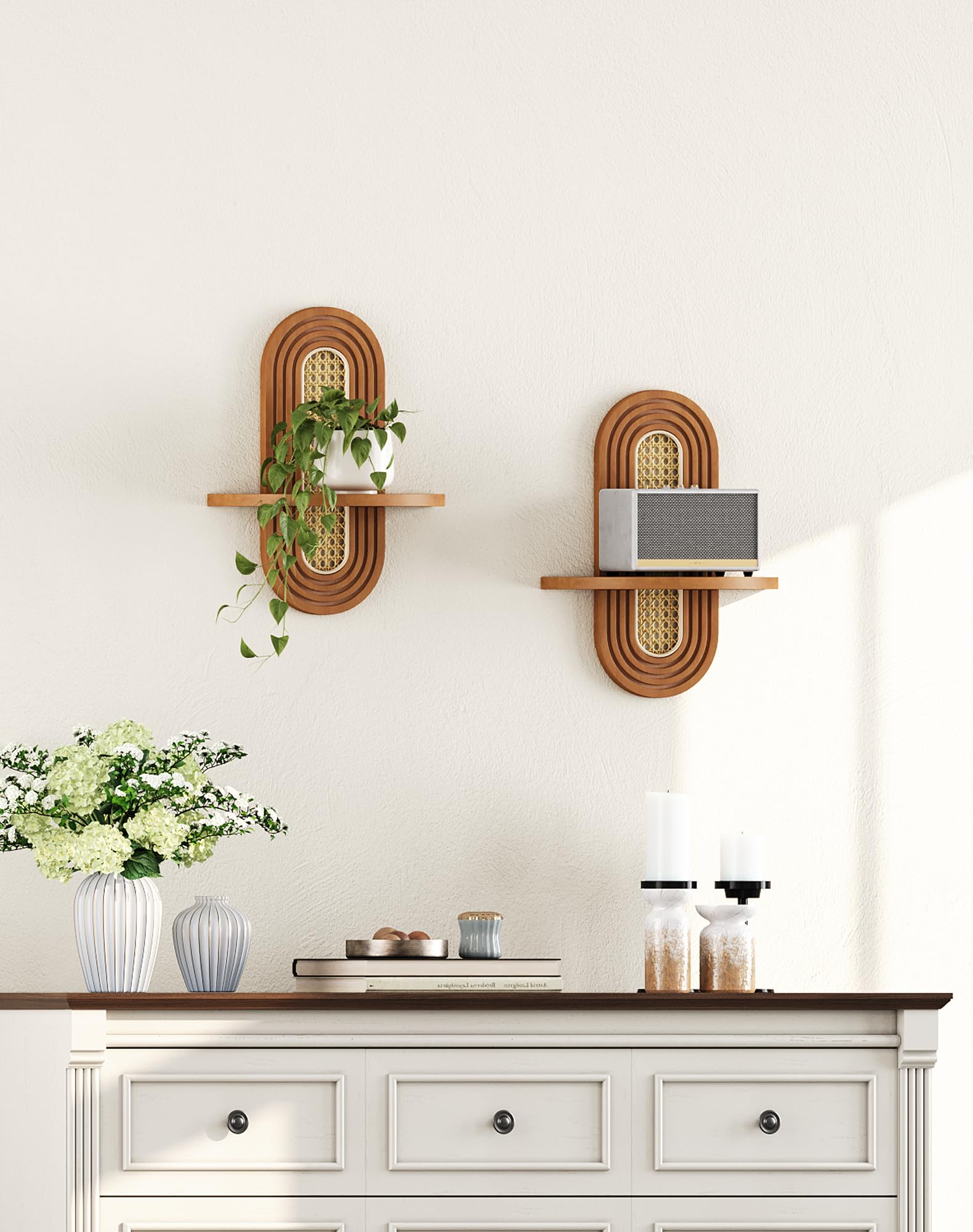 Boho Floating Shelves - Rattan & Wood Decor -7