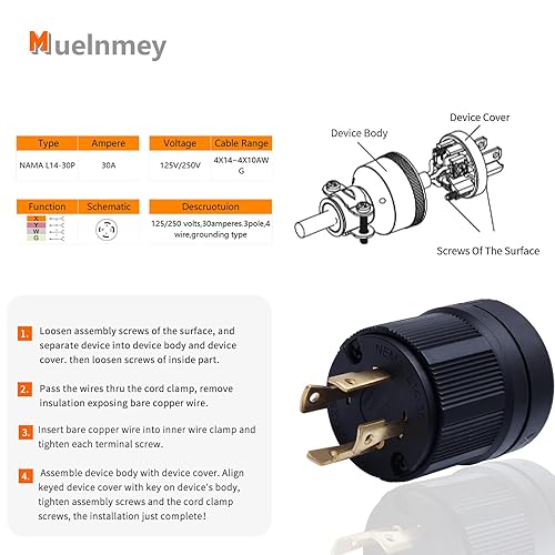 Miniatura 9 de Juego de enchufe y conector de bloqueo NEMA L14-30P y L14-30C, bloqueo giratorio del generador con extremo de cable de extensión 30A, 125250V, 3