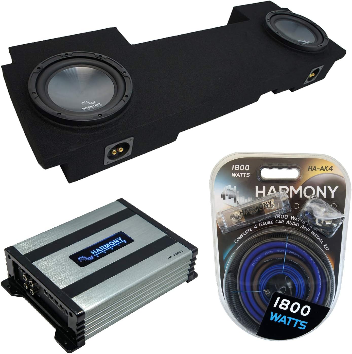 Harmony Audio HA-R104 Compatible with GMC Sierra 2002-2013 HD Crew Truck 10" Subwoofer, HA-A400.1 Mono 800W Sub Amp and GM2X10-AV-ECL-US Dual 10" Sub Box