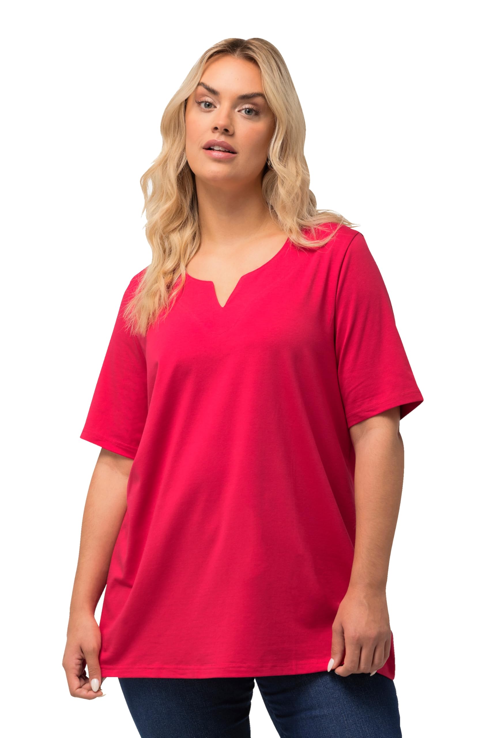 Ulla Popken Womenswear Plus Size Curvy Essential Notch Neck Stretch Tee red 62+ 807259535-62+