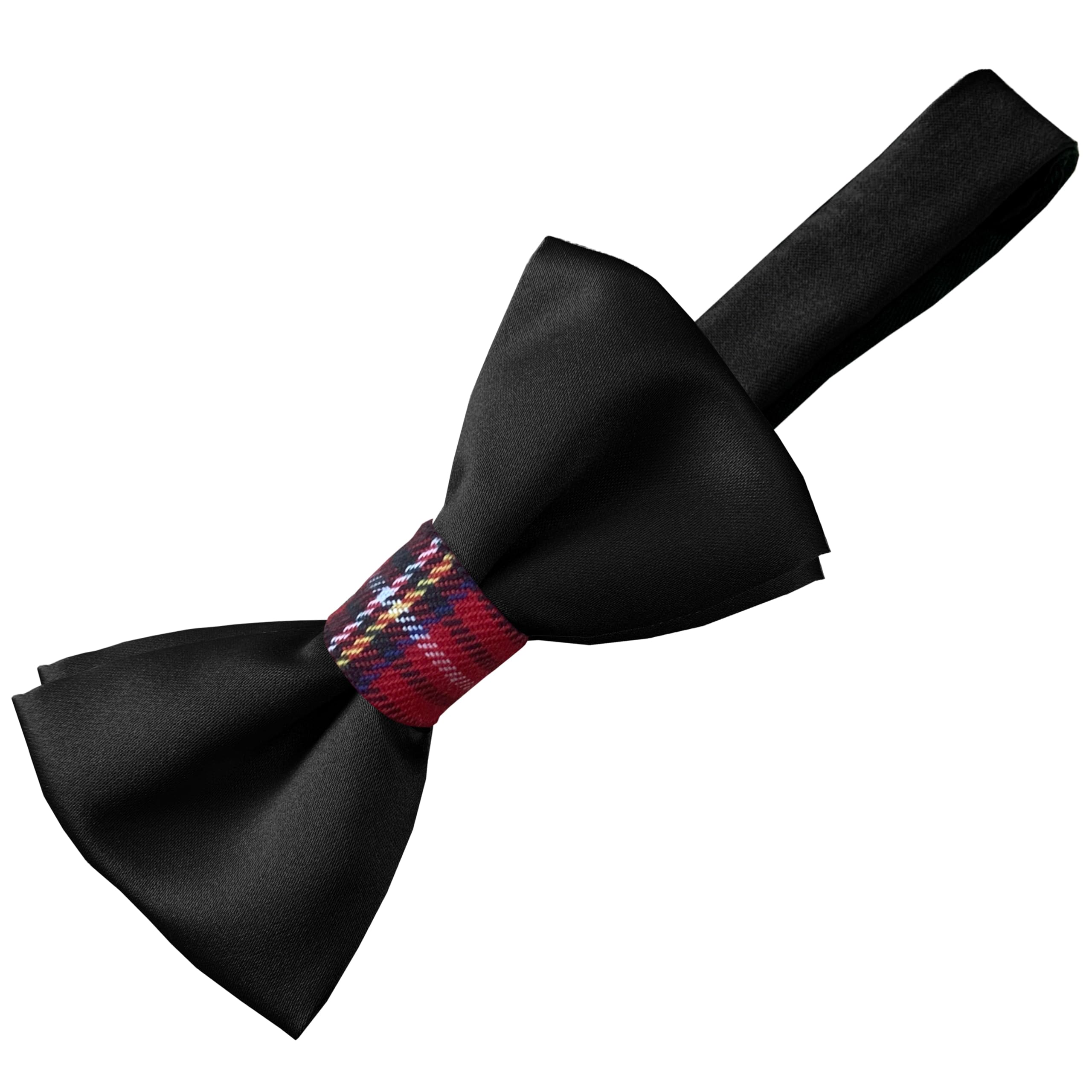 Men's Ready-Tied Black Satin Bow Tie with Red Tartan Knot