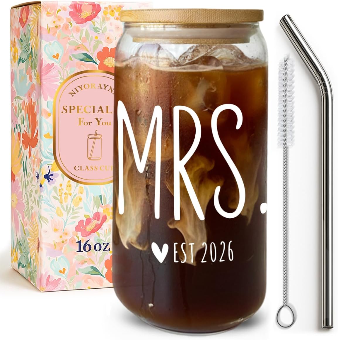Mrs Cups,Est 2026 Wedding Engagement Gifts for Woman,Gifts for Anniversary,Bridal Shower,Cute Newly Wed Gift for Hers,16oz Glass Coffeee Cups with Lids and Straws Hostess Gift -69