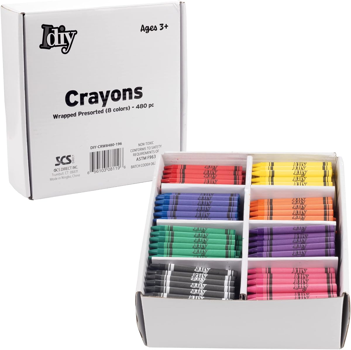 Crayones de cera a granel envueltos IDIY, 480 unidades, 8 colores (60 cada uno), probados con seguridad ASTM y preclasificados para niños, maestros, aulas escolares, fiestas, restaurantes, suministros para artes y manualidades no tóxicos