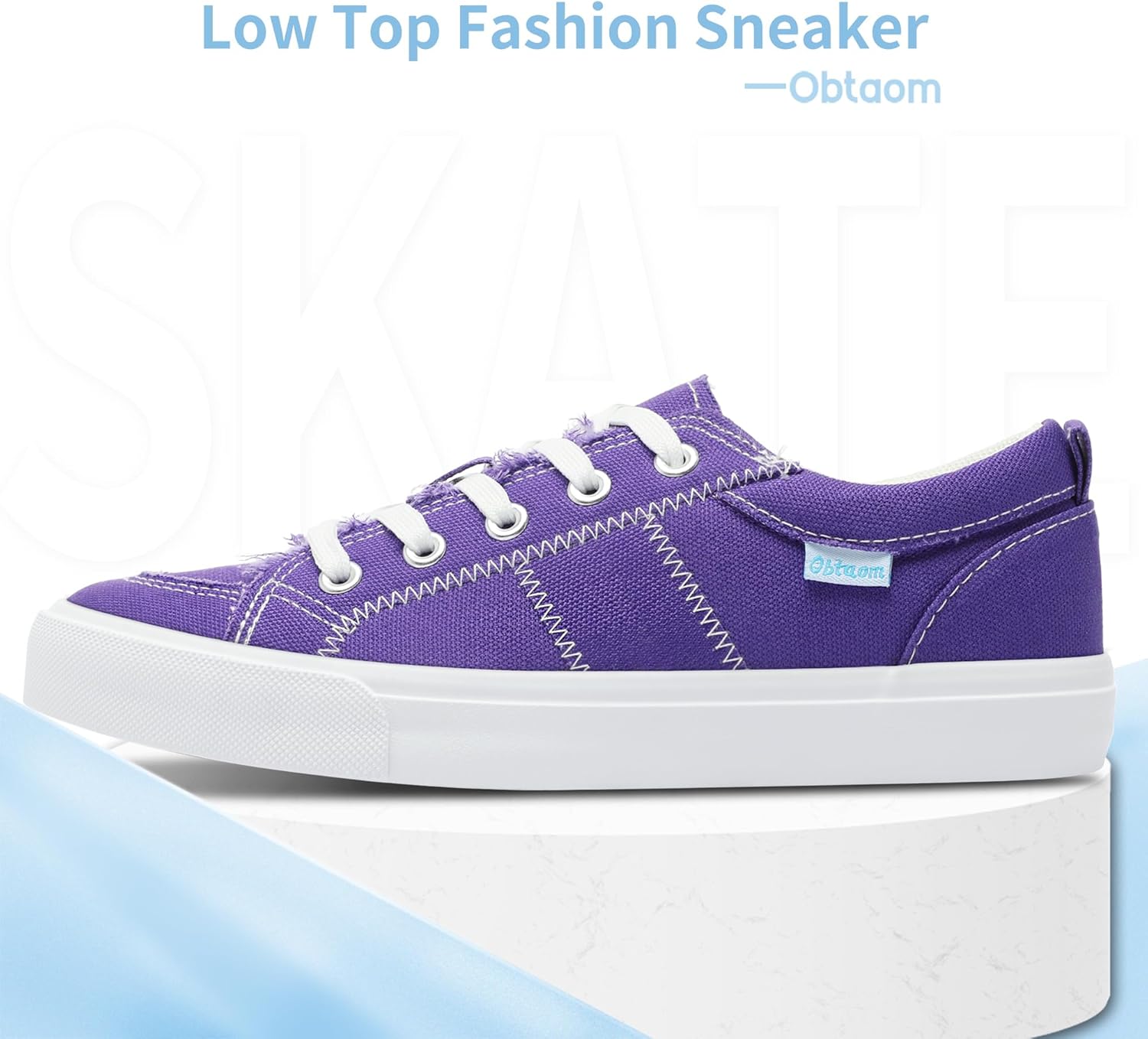 Obtaom Women's White Play Fashion Sneakers Cute Lace up Canvas Shoes Low Top Washed Canvas Flat for Lady - Image 3