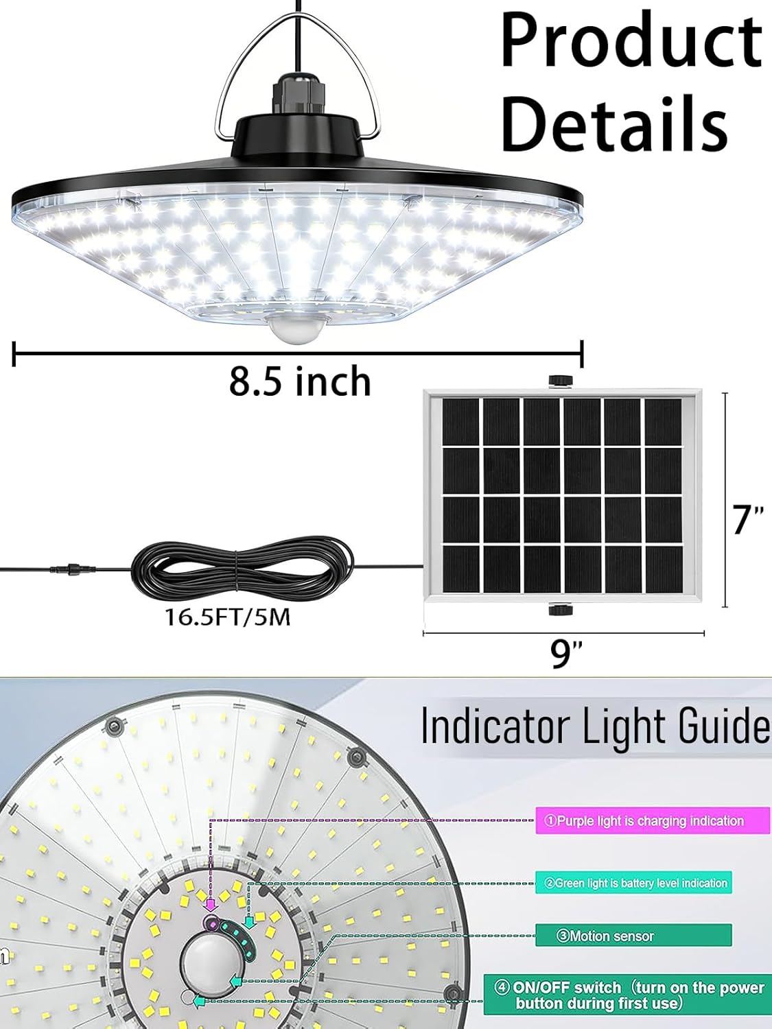 Solar Lights Indoor Outdoor, Solar Pendant Lights with Motion Sensor & Remote, 198 Bright LEDs, 5 Lighting Modes, Waterproof Energy Efficient for Shed Barn Chicken Coop Gazebo Garage Day & Night