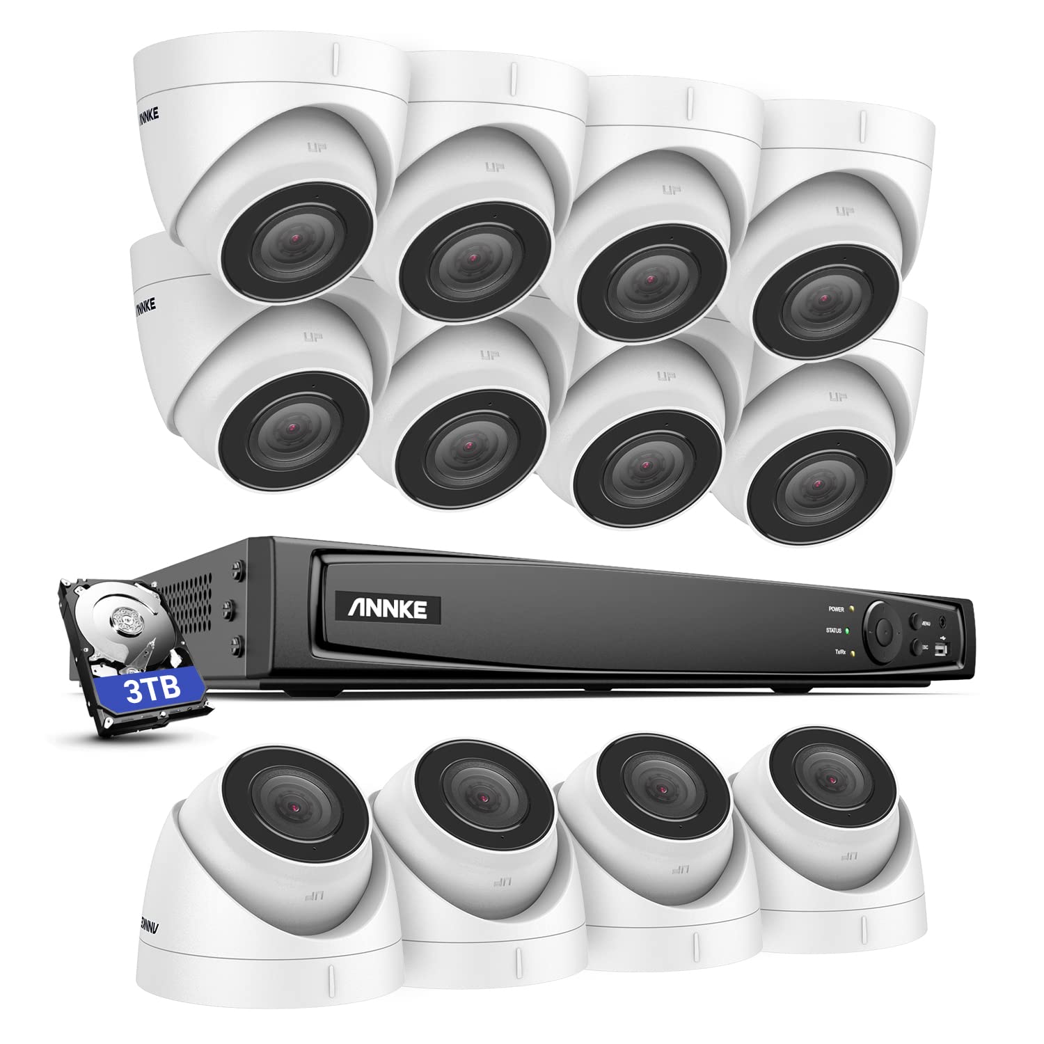 ANNKE 5MP 16CH PoE Security Camera System, 12pcs Wired Security IP Camera for Indoor and Outdoor with 100 ft Color Night Vision and Alexa, 4K/8MP NVR with 3TB HDD for 24-7 Audio Recording