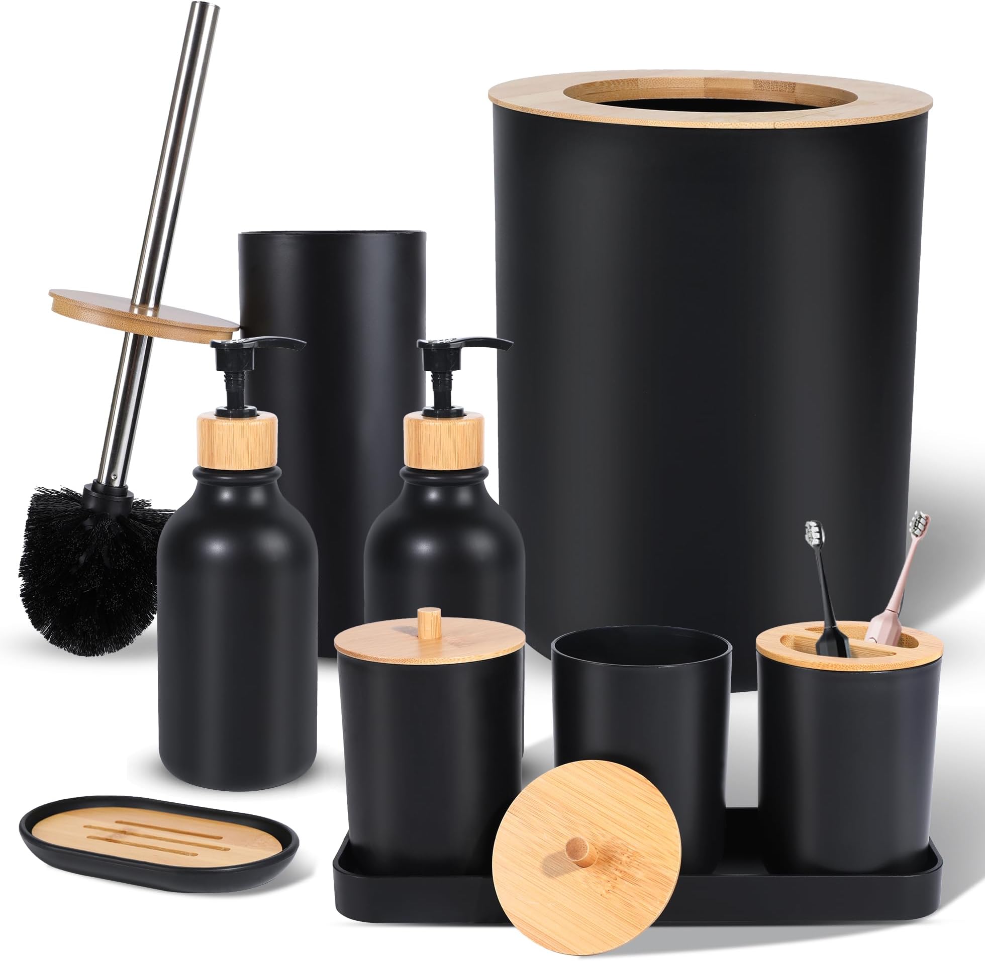 Amazon.com: SMUFFBUQ 9pcs Bathroom Set，Matte Black Bathroom Accessories Set,PlasticToilet Brush ...