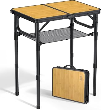 Anbte 2ft Camping Table Foldable with Storage Net, 3 Adjustable Heights Aluminum Small Folding Table Lightweight, Portable Handle for Travel Outdoor Beach Camping Picnic, 23.2" x 16", Light Oak Grain