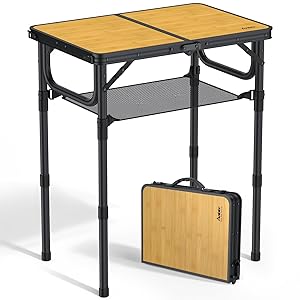 Mesa Plegable Camping 58x40x26/48/70cm Ajustable Altura Mesas de Acampada Portátil Mesa Playa Aluminio Impermeable Negro para Terraza Playa Exterior BBQ Color Raya de Bambú Negro