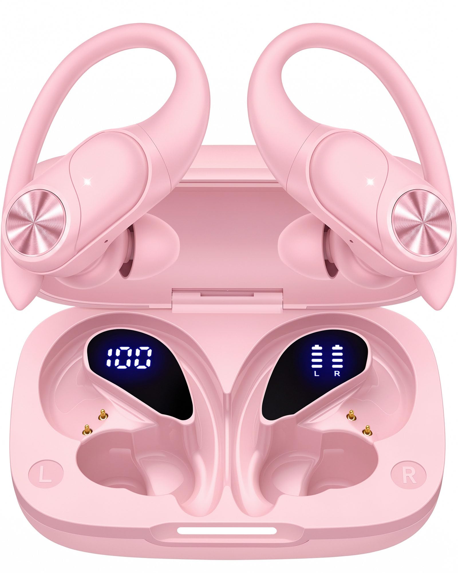 PocBuds Bluetooth Headphones Wireless Earbuds 80hrs Playtime Wireless Charging Case Digital Display Sports Ear Buds with Earhook Deep Bass IPX7 Waterproof Over-Ear Earphones for TV Phone Laptop Pink AI Buds Pro Pink