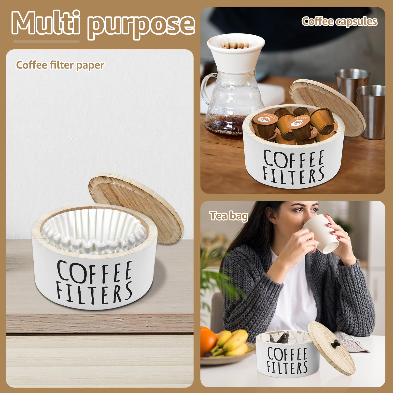 Coffee Filter Holder, Coffee Filter Storage Container with Lid, Large Capacity Coffee Filter Dispenser Basket, Rustic Coffee Filter Container, Coffee Bar Accessories for Bar Counter (white)