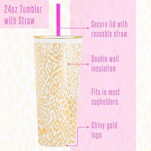 Miniatura 4 de Lilly Pulitzer Vaso de doble pared con tapa y popote reutilizable, vaso de plástico azul, vaso de viaje aislado con capacidad para 24 onzas, Shells