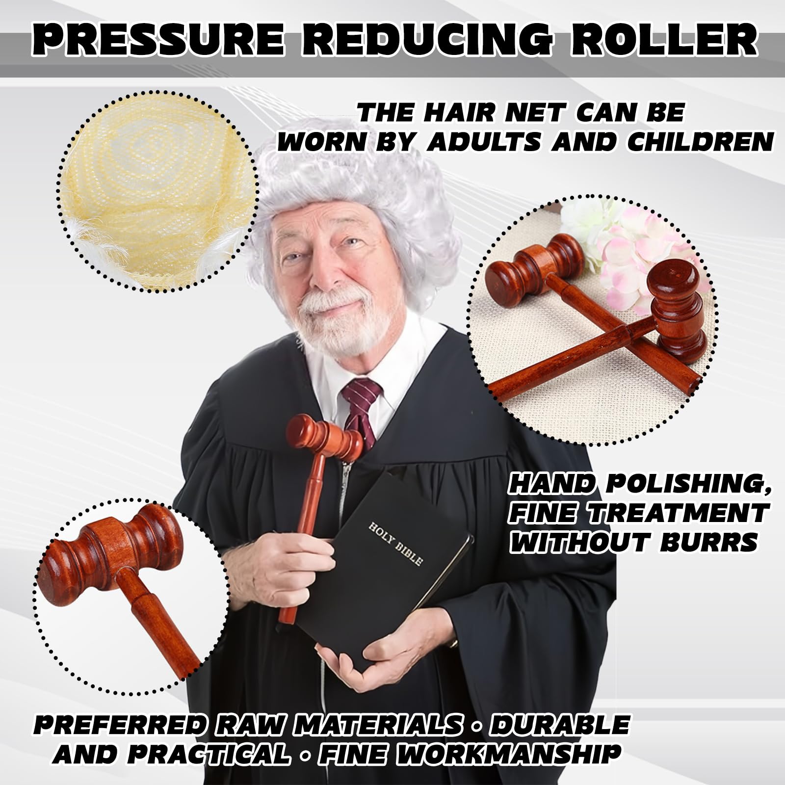 KSVFTB 2 Pcs Judge Costume Accessories, Judge Wig with Mini Wooden Judge Gavel - Image 3