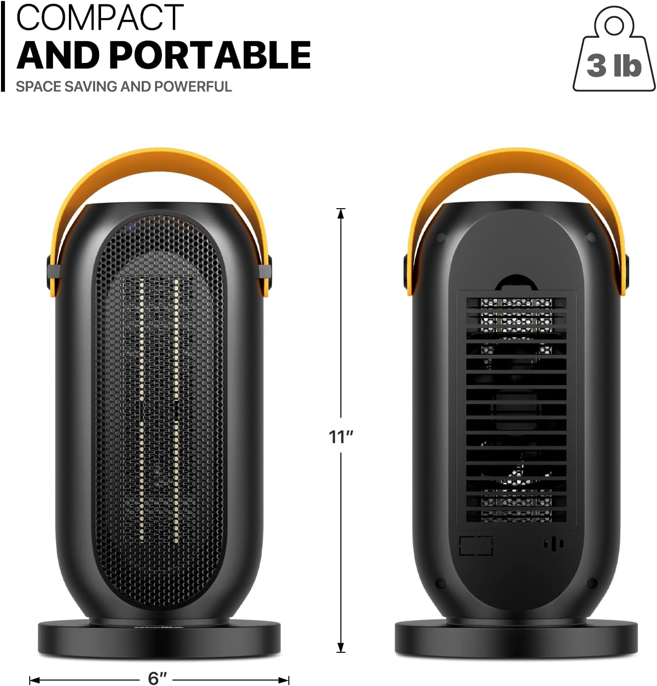 mollie Small Space Heater, 90° Oscillating Electric Heater for Home Office, 12h Timer Portable Personal PTC Rapid Heater Quick Safety Heating for Adult Kid Indoor Use, Button Control, Black