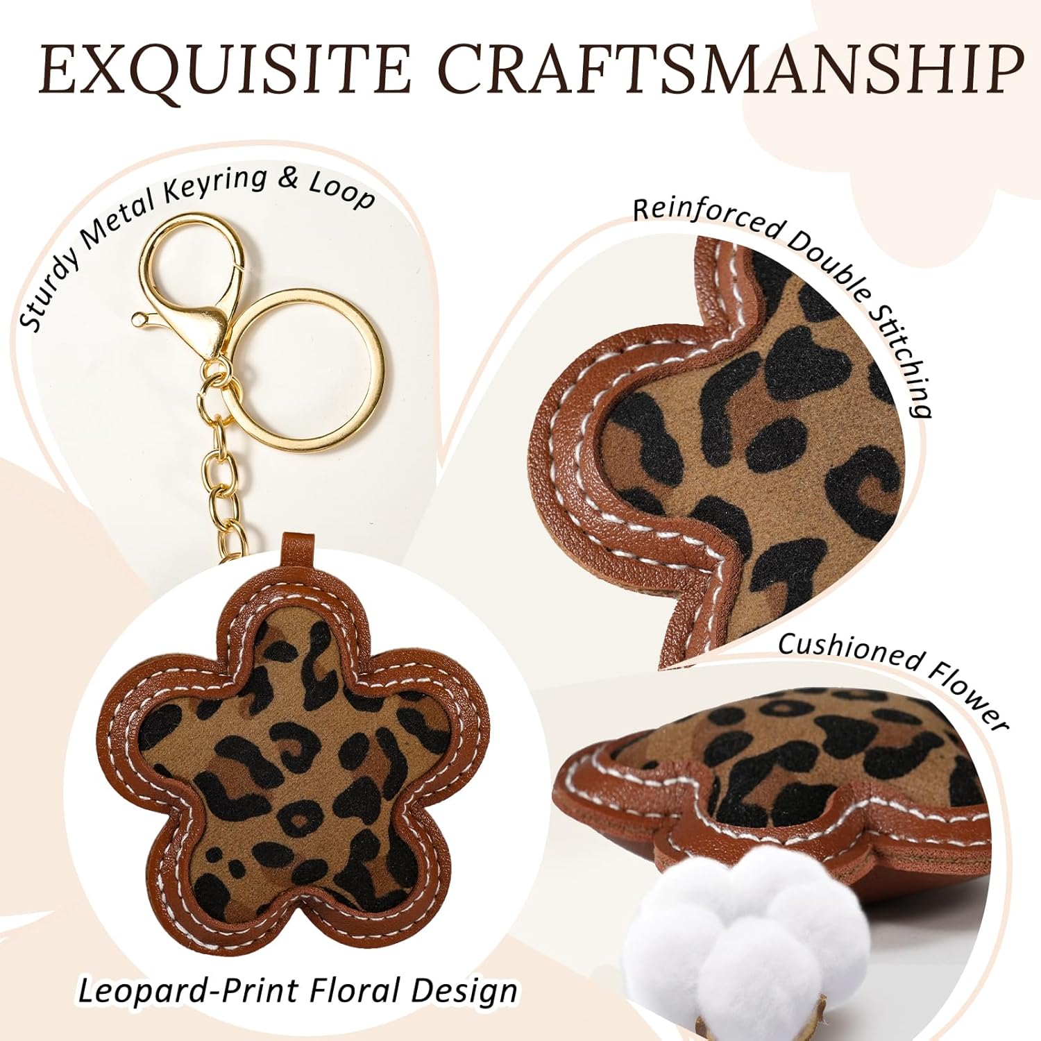 Fmeida Leopard Floral Keychain for Women - PU Leather Bag Charm, Fashion Keychain Accessory for Handbags, Backpacks, Purses - Image 4