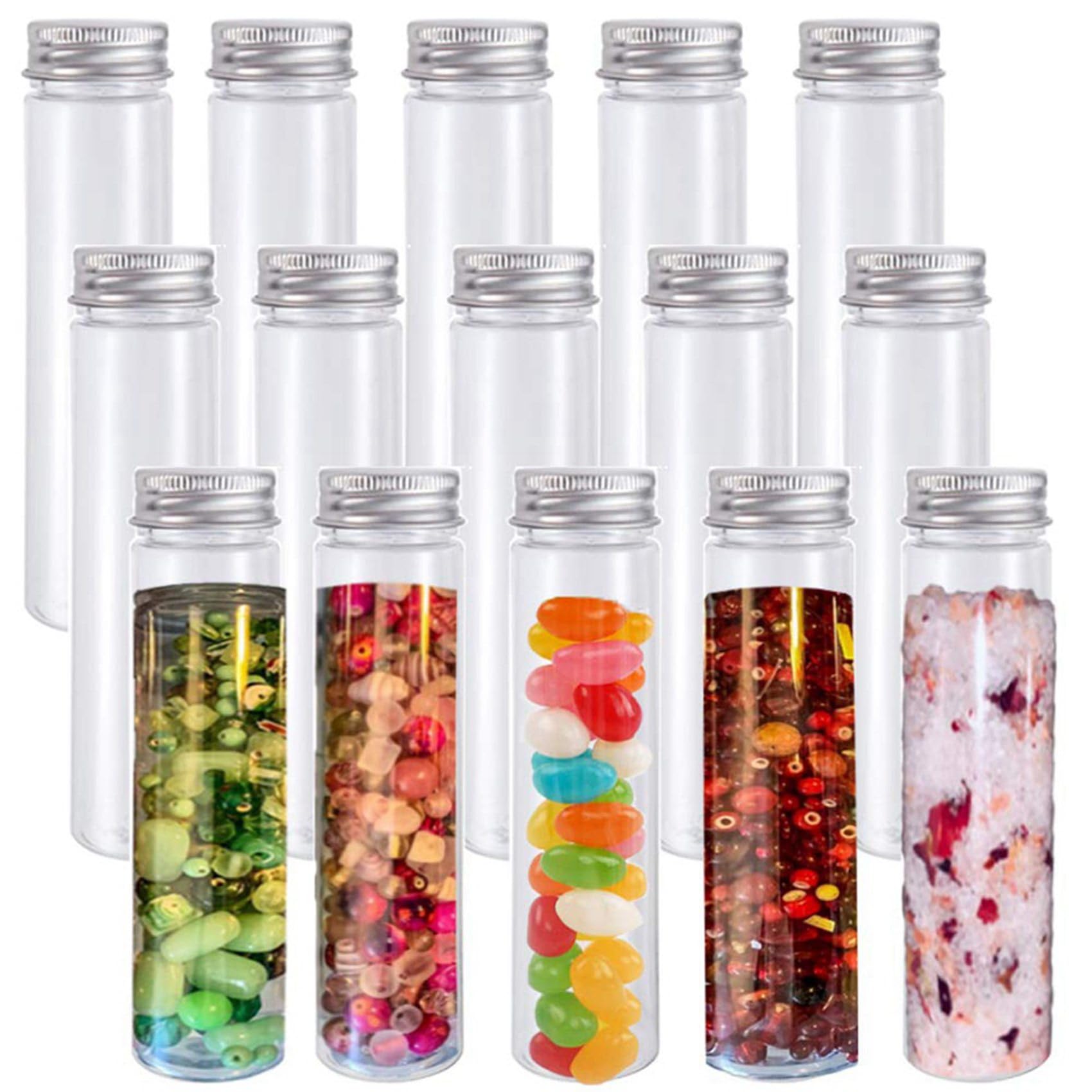 75 tubos de ensayo de plástico de 110 ml, planos, transparentes, tubos de ensayo de plástico con tapones y un tornillo para caramelos, frijoles, decoraciones para fiestas
