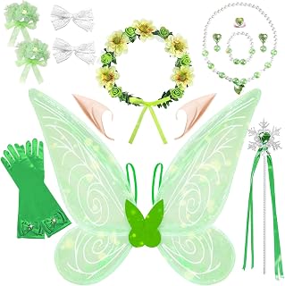 16PCS Tinker bell Fairy Wings Dress Up Set,Green Fairy Wings Halloween Birthday Costume for Girls Women